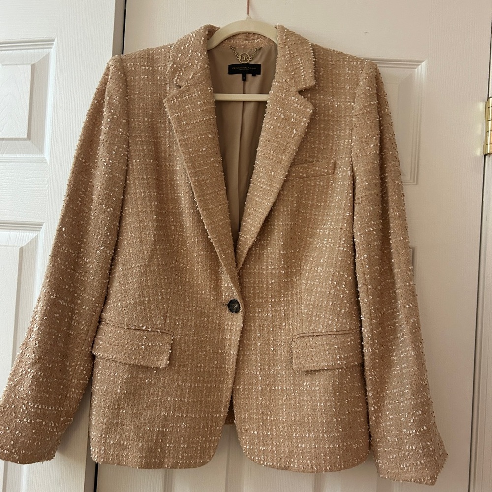 Donna Karan Womens Beige Tweed Blazer Jacket Single-Button Coat size 10